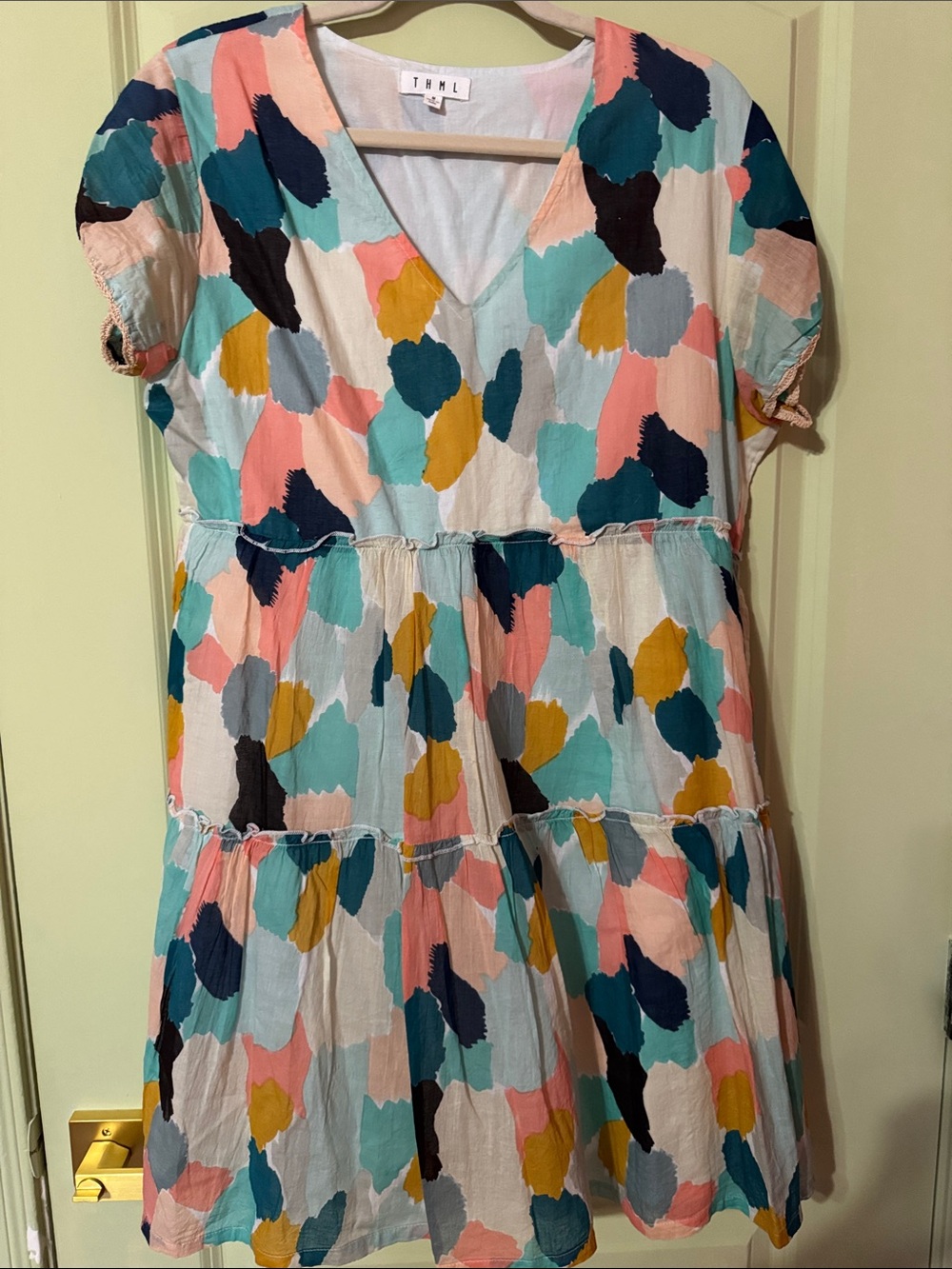 THML Multicolor Tiered V-Neck Dress with Coral, Teal & Mustard Spots